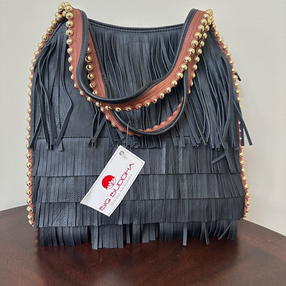 Big Buddha Black Fringe Shoulder Bag with Gold Accents - Picture 2 of 6
